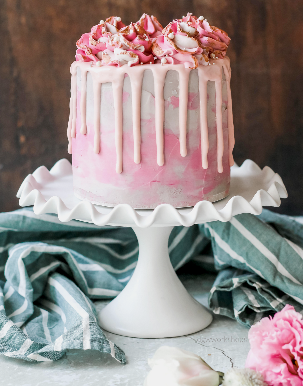 Hands-on Raspberry White Chocolate Cake with Toasted Coconut Cream Filling and Low Sugar Swiss Meringue Buttercream